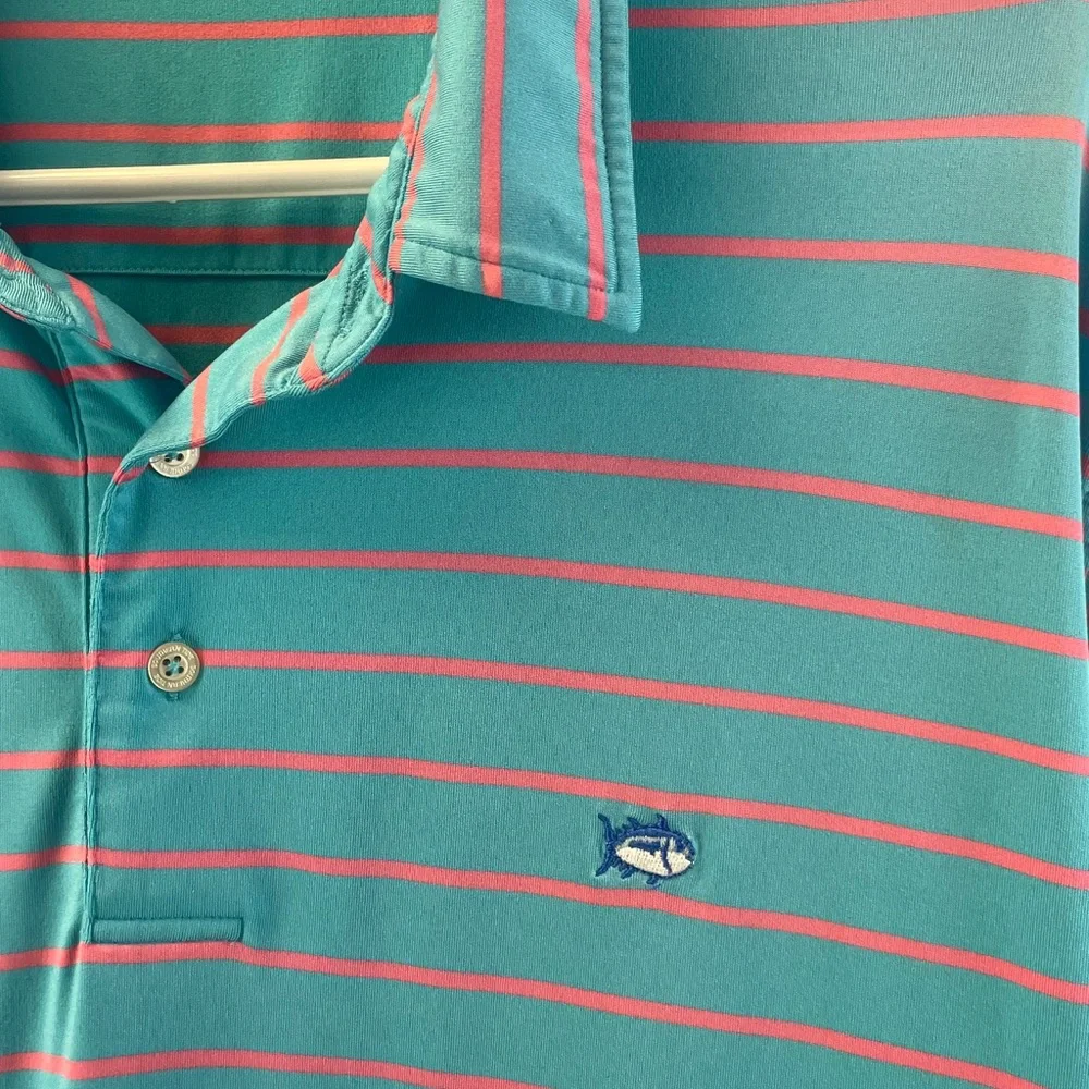 Southern Tide Aqua and Coral Striped Polo - Picture 2 of 7